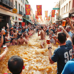 A vibrant scene of chaos in a city street, overflowing with beer and revelry