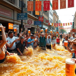 A vibrant scene of chaos in a city street, overflowing with beer and revelry