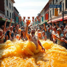 A vibrant scene of chaos in a city street, overflowing with beer and revelry