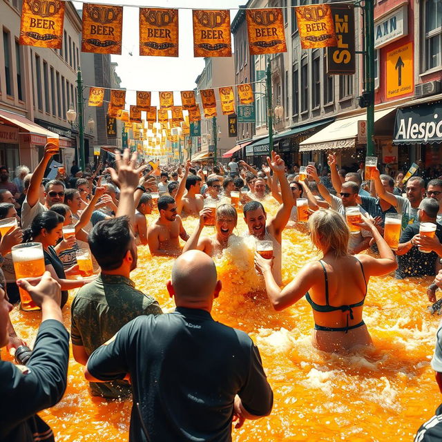 A vibrant scene of chaos in a city street, overflowing with beer and revelry