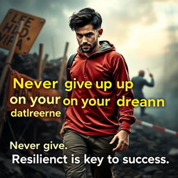 A powerful image depicting a determined person facing obstacles in their journey toward achieving their ambitions
