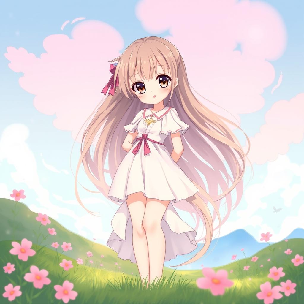 A beautiful anime girl with long flowing hair standing confidently, in an ethereal pose, elegantly framed by soft pastel colors