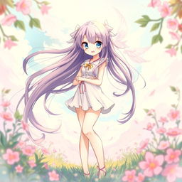 A beautiful anime girl with long flowing hair standing confidently, in an ethereal pose, elegantly framed by soft pastel colors