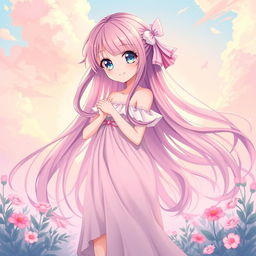 A beautiful anime girl with long flowing hair standing confidently, in an ethereal pose, elegantly framed by soft pastel colors
