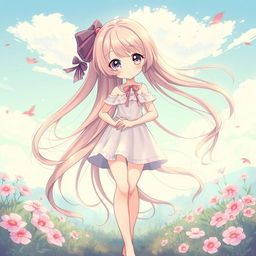 A beautiful anime girl with long flowing hair standing confidently, in an ethereal pose, elegantly framed by soft pastel colors