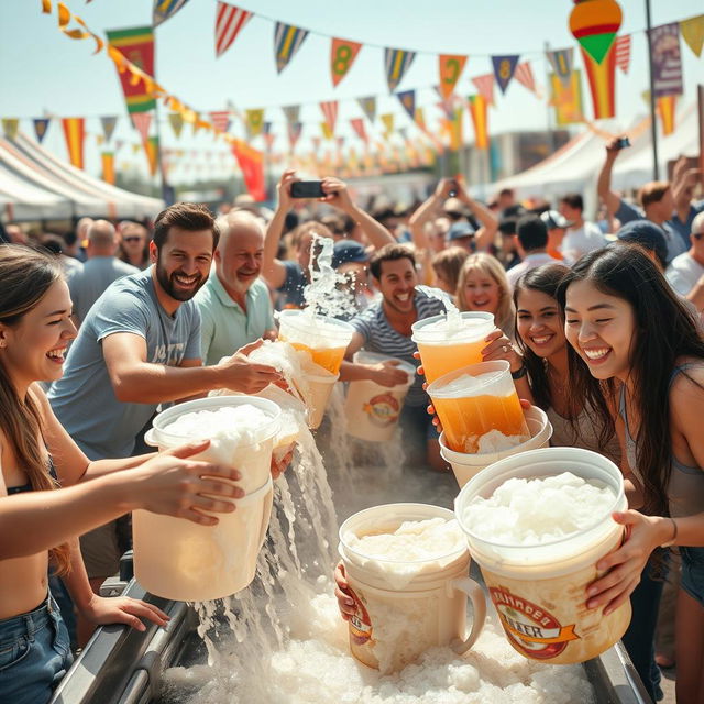 A lively scene depicting a group of people enthusiastically collecting beer using buckets at a bustling festival