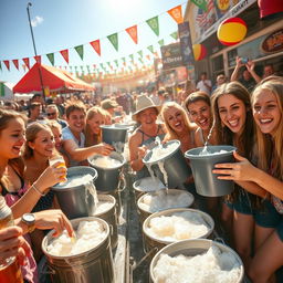 A lively scene depicting a group of people enthusiastically collecting beer using buckets at a bustling festival