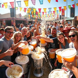 A lively scene depicting a group of people enthusiastically collecting beer using buckets at a bustling festival