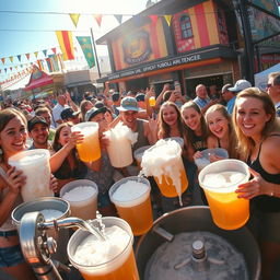 A lively scene depicting a group of people enthusiastically collecting beer using buckets at a bustling festival