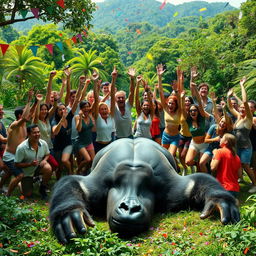 A lively and exhilarating scene featuring 20 energetic people celebrating triumphantly in an open jungle clearing after having defeated a giant gorilla