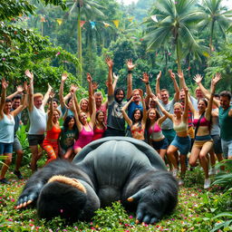 A lively and exhilarating scene featuring 20 energetic people celebrating triumphantly in an open jungle clearing after having defeated a giant gorilla