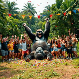 A lively and exhilarating scene featuring 20 energetic people celebrating triumphantly in an open jungle clearing after having defeated a giant gorilla