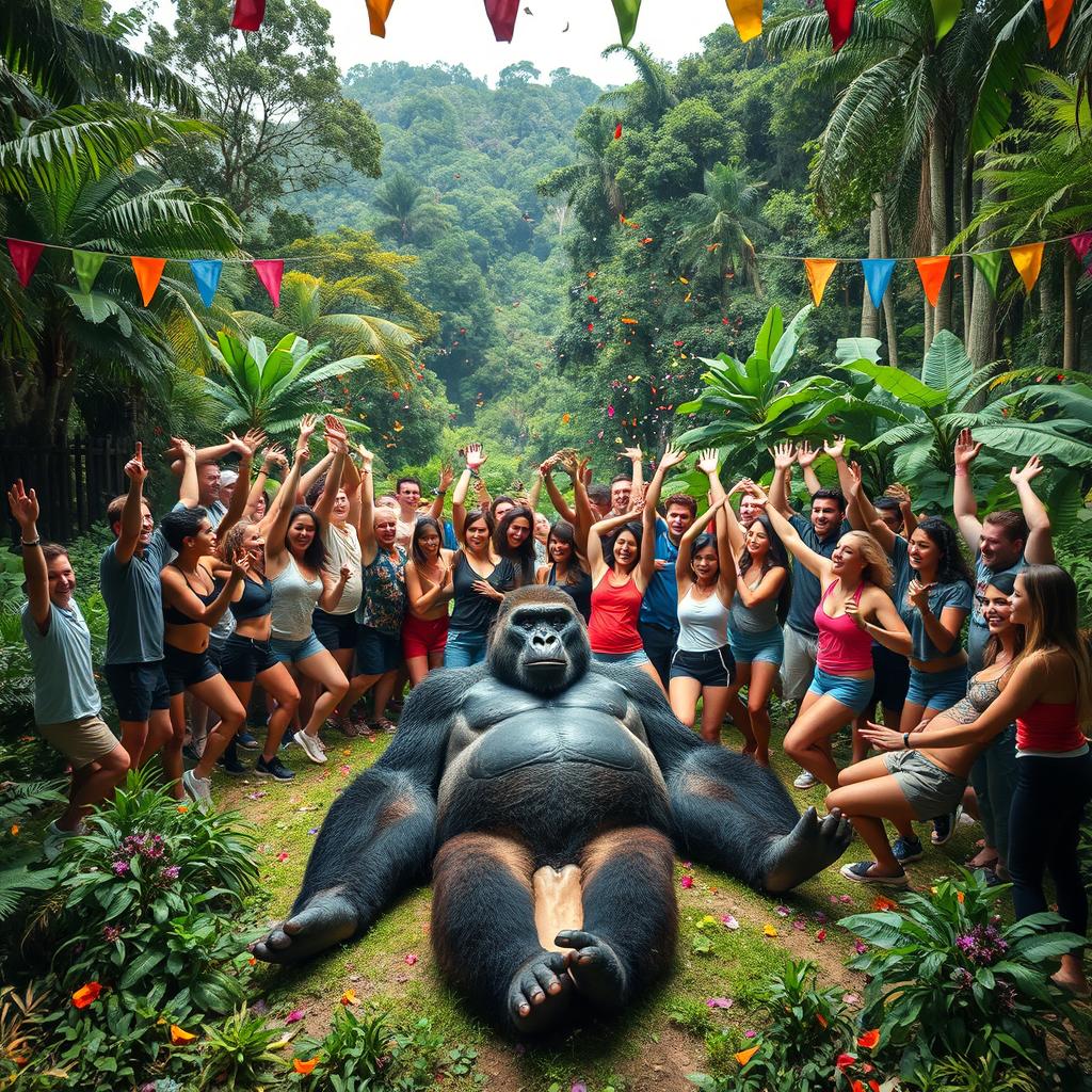 A lively and exhilarating scene featuring 20 energetic people celebrating triumphantly in an open jungle clearing after having defeated a giant gorilla