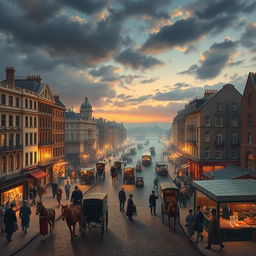 An artistic depiction of 19th-century London, showcasing its iconic architecture, bustling streets, and vibrant social life
