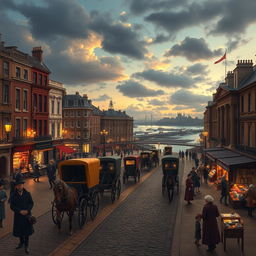 An artistic depiction of 19th-century London, showcasing its iconic architecture, bustling streets, and vibrant social life
