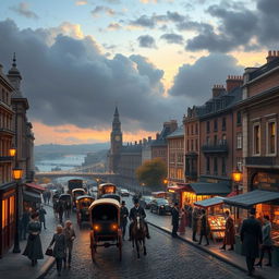 An artistic depiction of 19th-century London, showcasing its iconic architecture, bustling streets, and vibrant social life