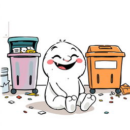 A whimsical white cartoon character sitting near a garbage station, illustrated in a playful vector style