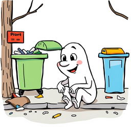 A whimsical white cartoon character sitting near a garbage station, illustrated in a playful vector style