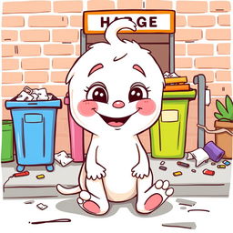 A whimsical white cartoon character sitting near a garbage station, illustrated in a playful vector style