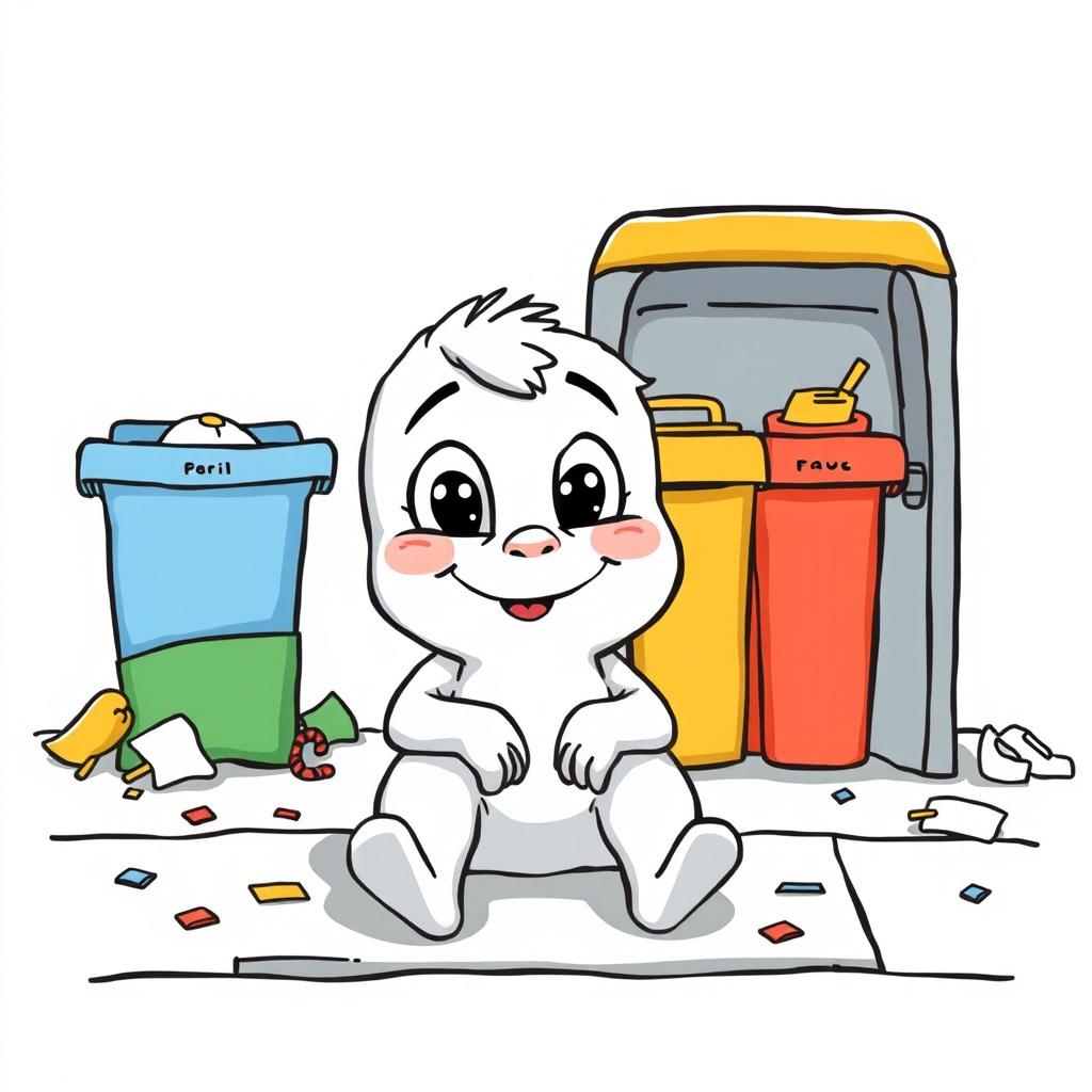 A whimsical white cartoon character sitting near a garbage station, illustrated in a playful vector style