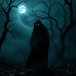 A dark and eerie haunted forest at night, with fog rolling in, twisted trees, and a full moon peeking through the branches