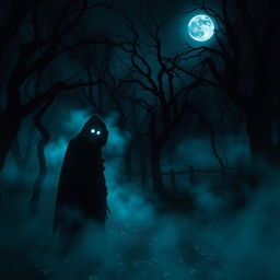 A dark and eerie haunted forest at night, with fog rolling in, twisted trees, and a full moon peeking through the branches
