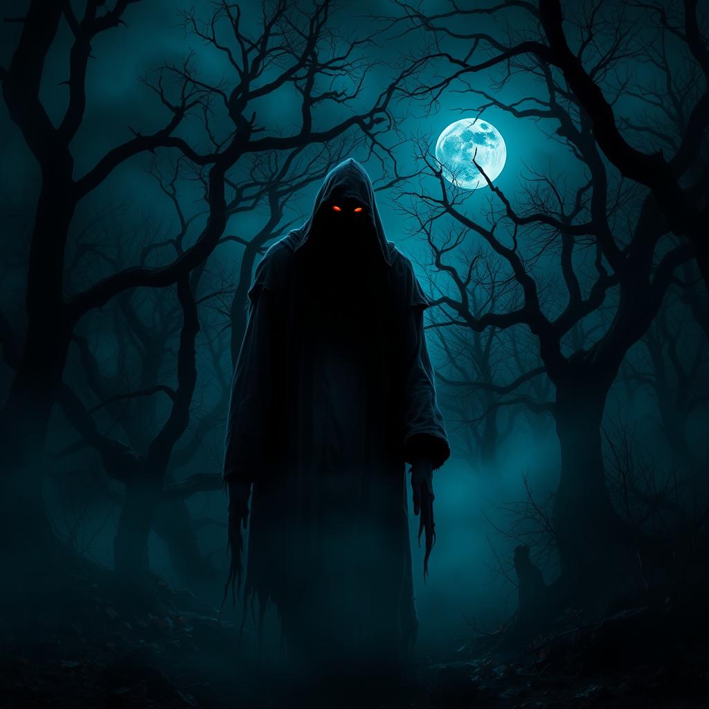 A dark and eerie haunted forest at night, with fog rolling in, twisted trees, and a full moon peeking through the branches