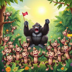 A lively scene depicting 20 cheerful monkeys celebrating their victory over a gorilla