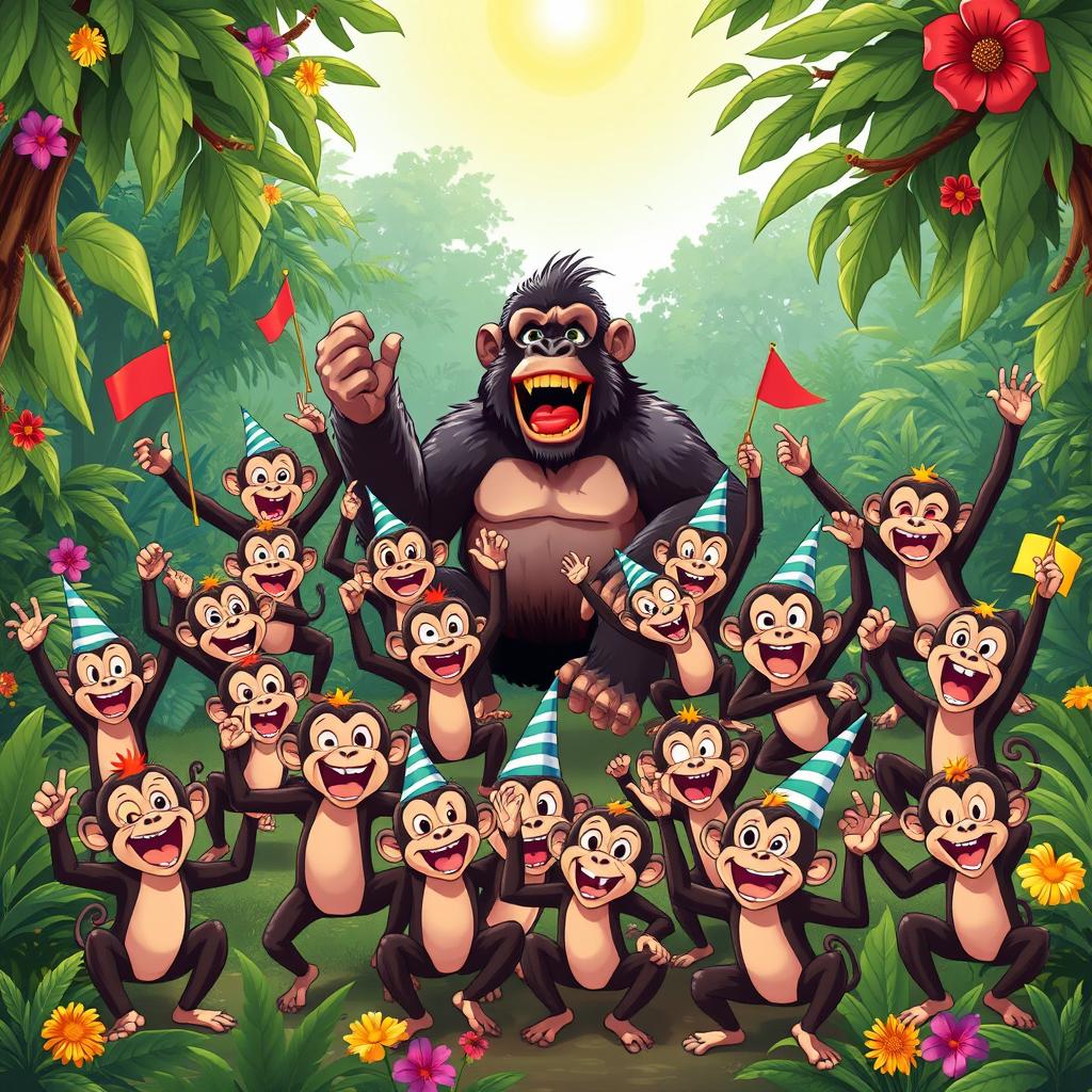 A lively scene depicting 20 cheerful monkeys celebrating their victory over a gorilla