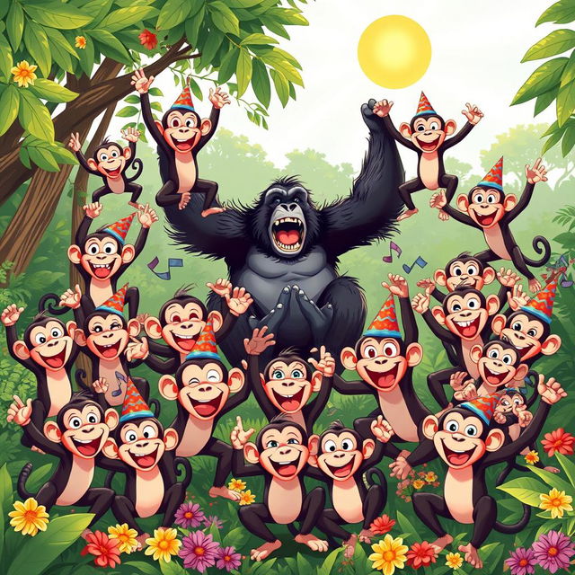 A lively scene depicting 20 cheerful monkeys celebrating their victory over a gorilla