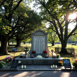 A solemn memorial dedicated to the victims of a tragic beer flood, set in a serene park