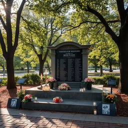 A solemn memorial dedicated to the victims of a tragic beer flood, set in a serene park