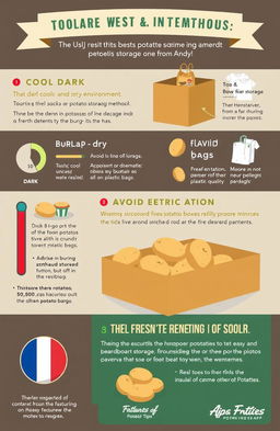 A detailed infographic illustrating the best methods to store potatoes, featuring tips from Andy on French resistance to other potato storage methods