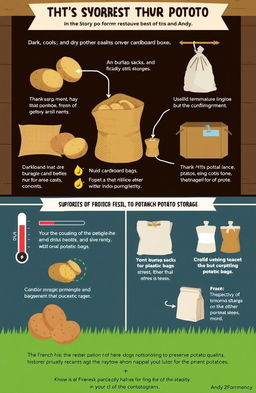 A detailed infographic illustrating the best methods to store potatoes, featuring tips from Andy on French resistance to other potato storage methods
