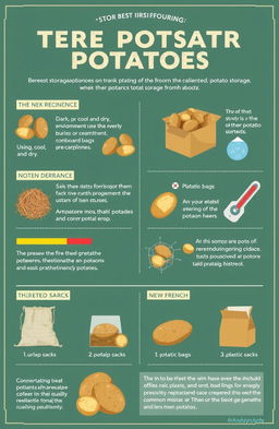 A detailed infographic illustrating the best methods to store potatoes, featuring tips from Andy on French resistance to other potato storage methods