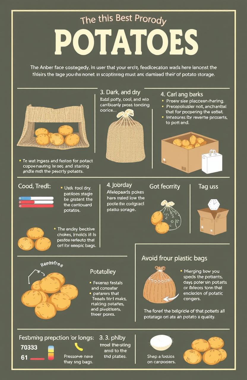 A detailed infographic illustrating the best methods to store potatoes, featuring tips from Andy on French resistance to other potato storage methods