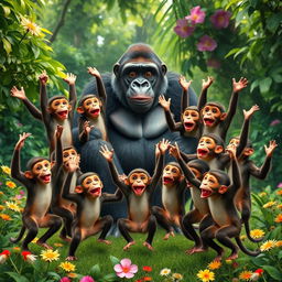Twenty happy monkeys celebrating their victory over a gorilla in an exciting fight scene