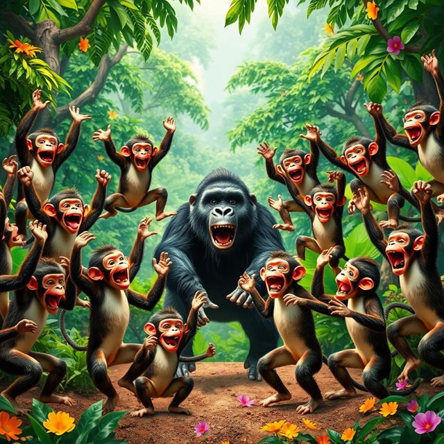 Twenty happy monkeys celebrating their victory over a gorilla in an exciting fight scene