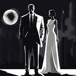 A high-quality digital art image featuring a tall, fit man dressed in a sharp suit and a woman in a white dress