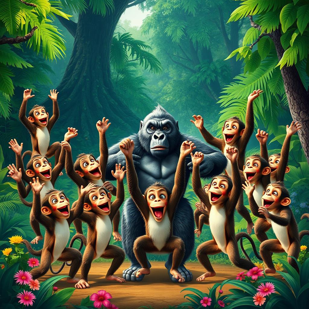 Twenty happy monkeys celebrating their victory over a gorilla in an exciting fight scene