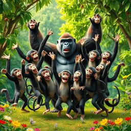 Twenty happy monkeys celebrating their victory over a gorilla in an exciting fight scene