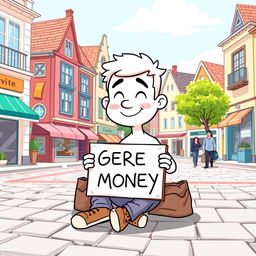A cartoon character depicted as a white individual sitting in a town square, holding a sign to beg for money