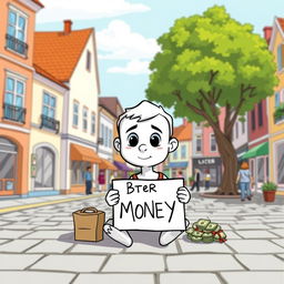 A cartoon character depicted as a white individual sitting in a town square, holding a sign to beg for money