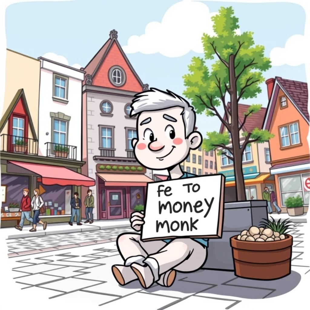 A cartoon character depicted as a white individual sitting in a town square, holding a sign to beg for money