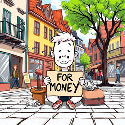 A cartoon character depicted as a white individual sitting in a town square, holding a sign to beg for money