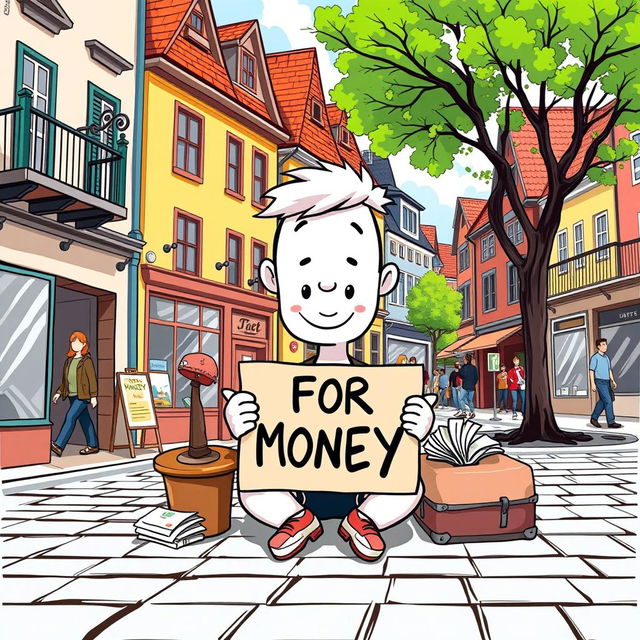 A cartoon character depicted as a white individual sitting in a town square, holding a sign to beg for money