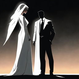 A high-quality digital art image featuring a tall, fit man dressed in a sharp suit and a woman in a white dress