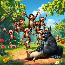 A whimsical scene depicting 20 happy monkeys celebrating victoriously after a playful confrontation with a gorilla who is humorously lying on the ground, looking surprised