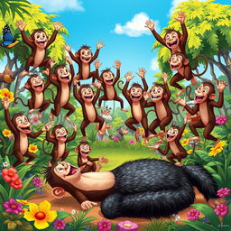 A whimsical scene depicting 20 happy monkeys celebrating victoriously after a playful confrontation with a gorilla who is humorously lying on the ground, looking surprised