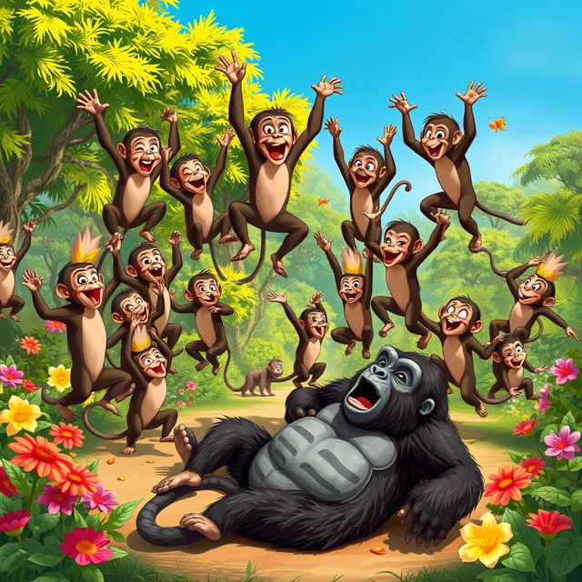 A whimsical scene depicting 20 happy monkeys celebrating victoriously after a playful confrontation with a gorilla who is humorously lying on the ground, looking surprised